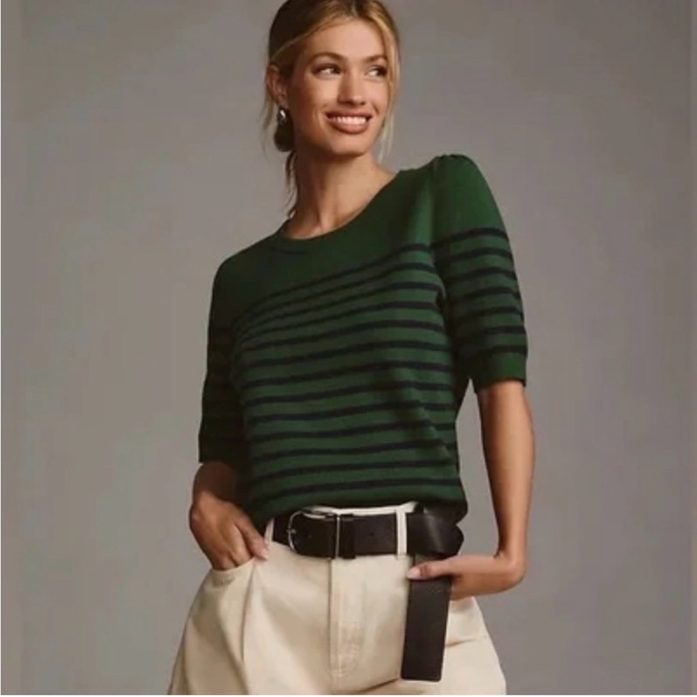 Maeve harmond jacquard Striped Short-Sleeve Crew Sweater tee
